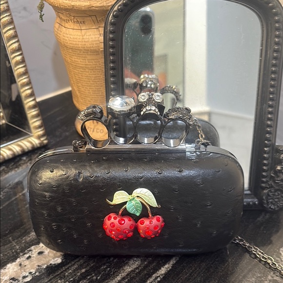 Handbags - Glossy Black and Red Cherry Cluch with skulls Sparkling Clasp NWOT